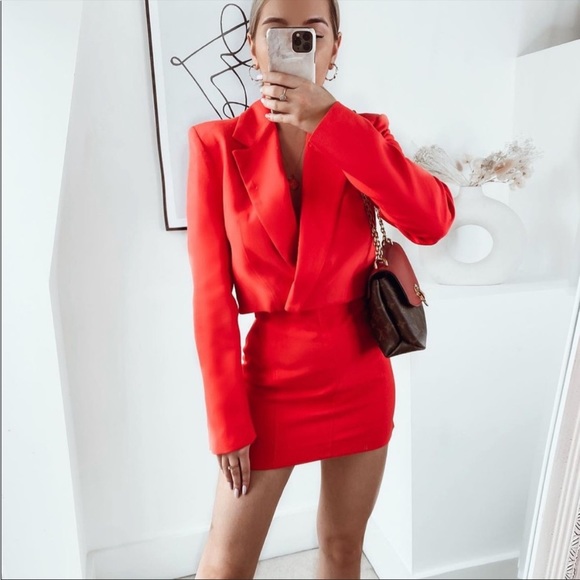 Zara Jackets & Blazers - Zara 2 Piece Red Crop Blazer Skirt Set